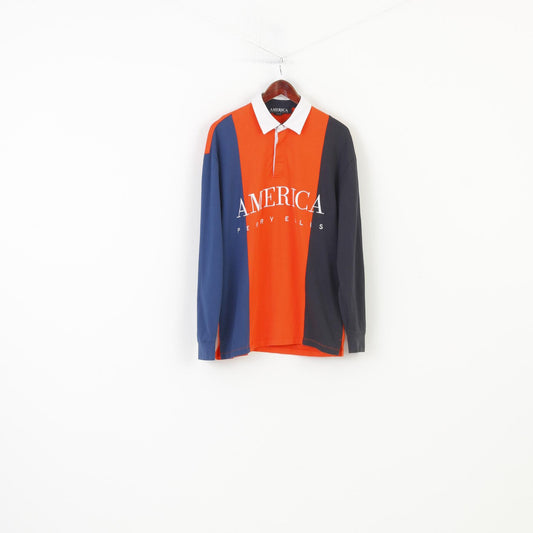 America Perry Ellis Men M Polo Shirt Long Sleeve Collar Orange Striped Cotton Vintage Top