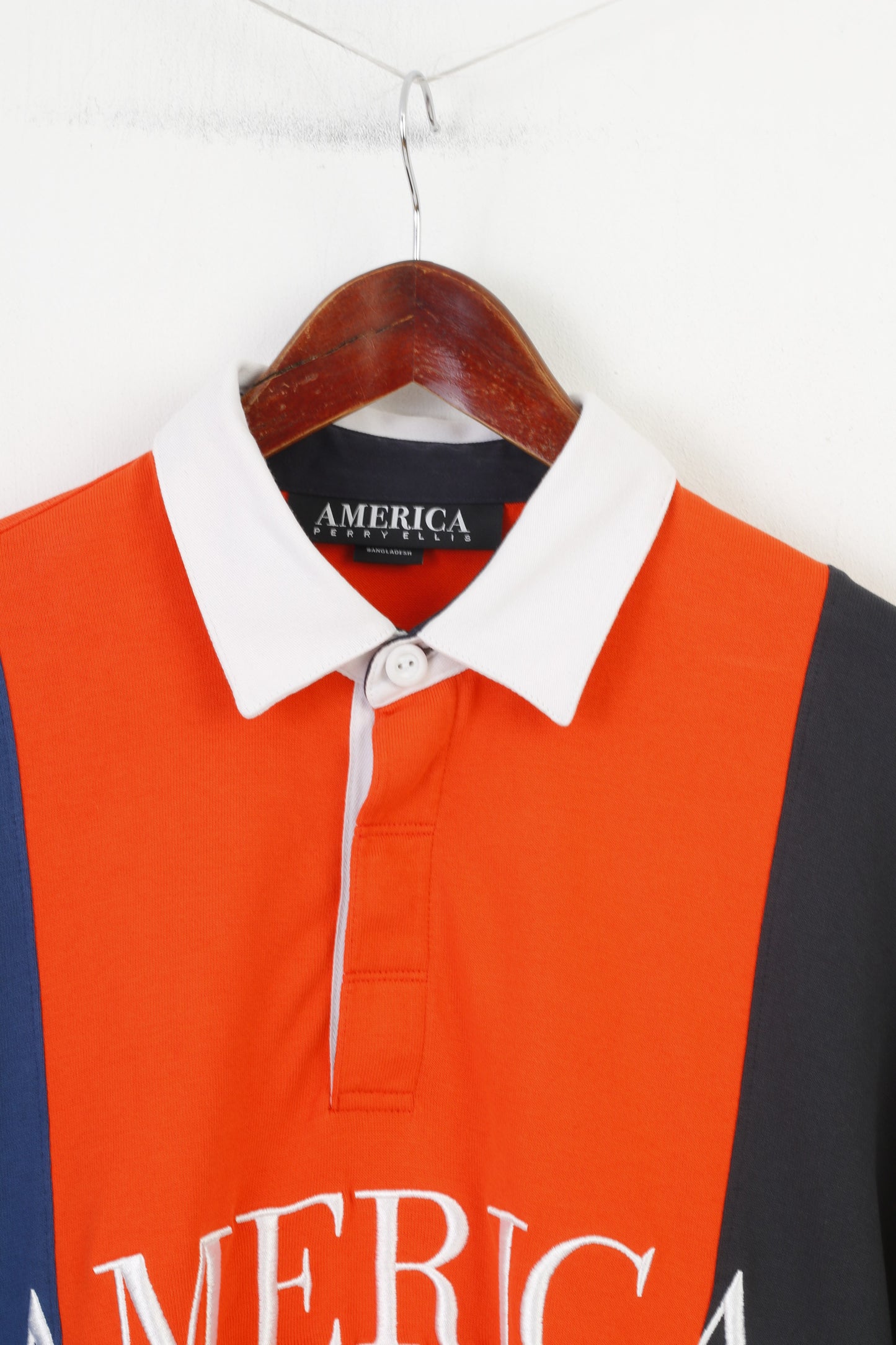 America Perry Ellis Hommes M Polo Manches Longues Col Orange Rayé Coton Vintage Top