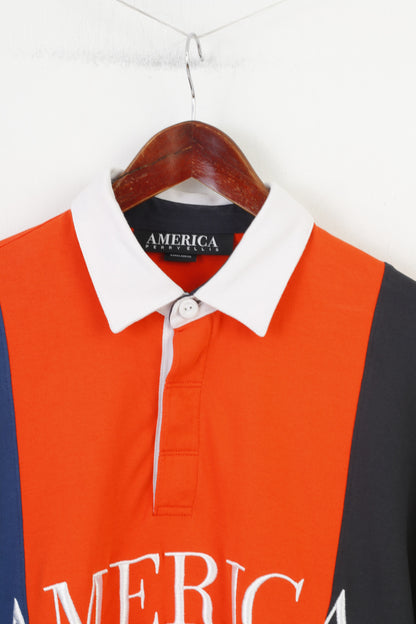 Polo America Perry Ellis da uomo M, colletto a maniche lunghe, top vintage in cotone a righe arancioni