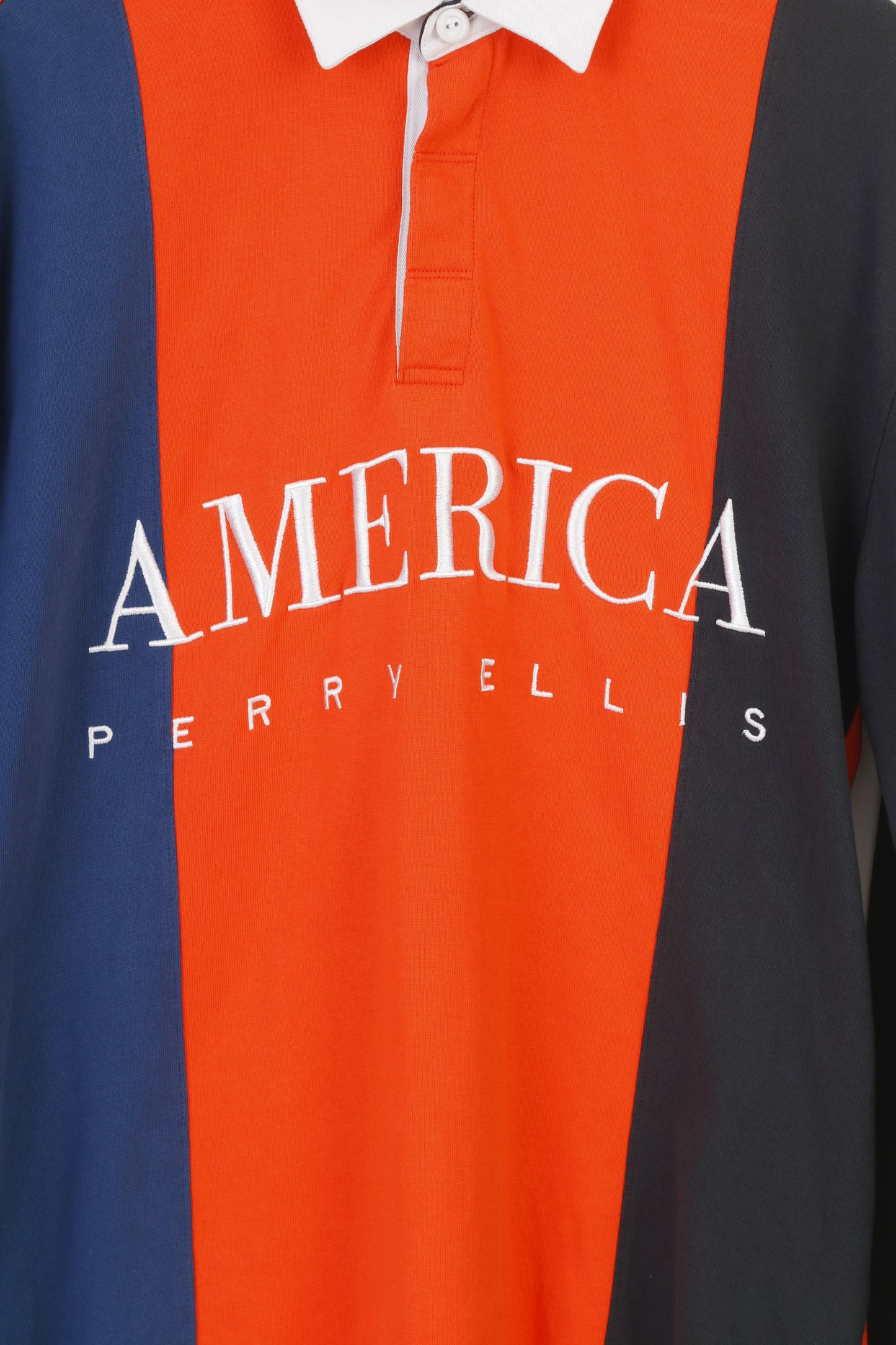 America Perry Ellis Men M Polo Shirt Long Sleeve Collar Orange Striped Cotton Vintage Top