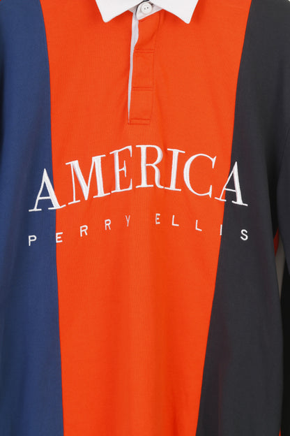 America Perry Ellis Hommes M Polo Manches Longues Col Orange Rayé Coton Vintage Top