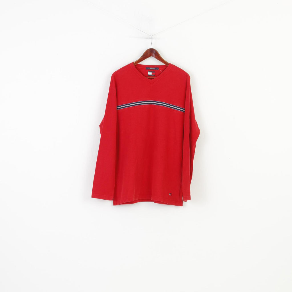 Tommy Hilfiger Men L Jumper V Neck Red Long Sleeve Cotton Vintage Classic Top