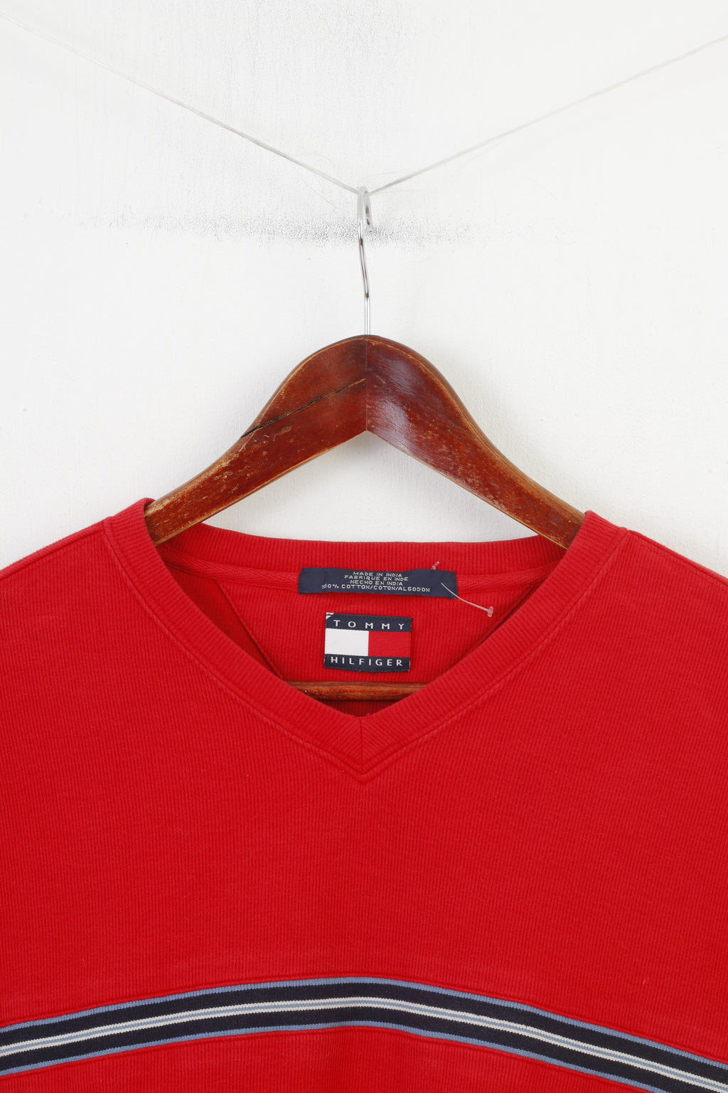 Tommy Hilfiger Men L Jumper V Neck Red Classic Cotton Vintage Sweater