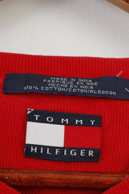 Tommy Hilfiger Men L Jumper V Neck Red Classic Cotton Vintage Sweater