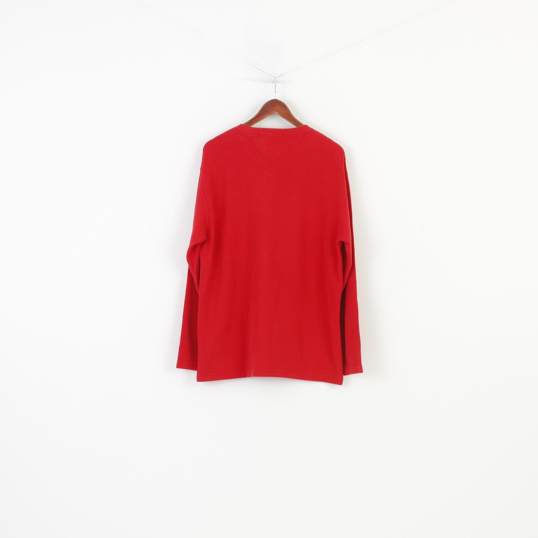Tommy Hilfiger Men L Jumper V Neck Red Classic Cotton Vintage Sweater