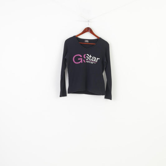 G-STAR Women XXL M LongSleeve Shirt Black Cotton Stretch Graphic V Neck Vintage Top