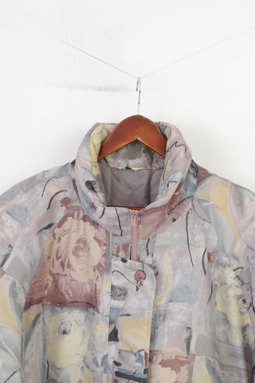 C&amp;A Femmes 50 3XL Veste Fermeture Éclair Complète Abstrait Gris Épaulettes Haut Vintage
