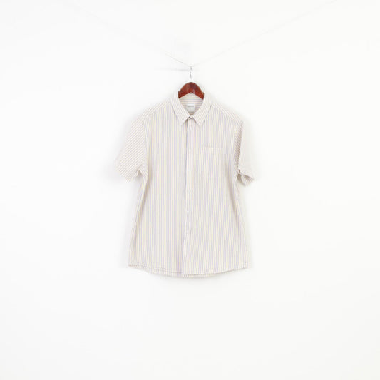 Samuel Windsor Men L Casual Shirt Striped Short Sleeve Collar White Classic Cotton Top