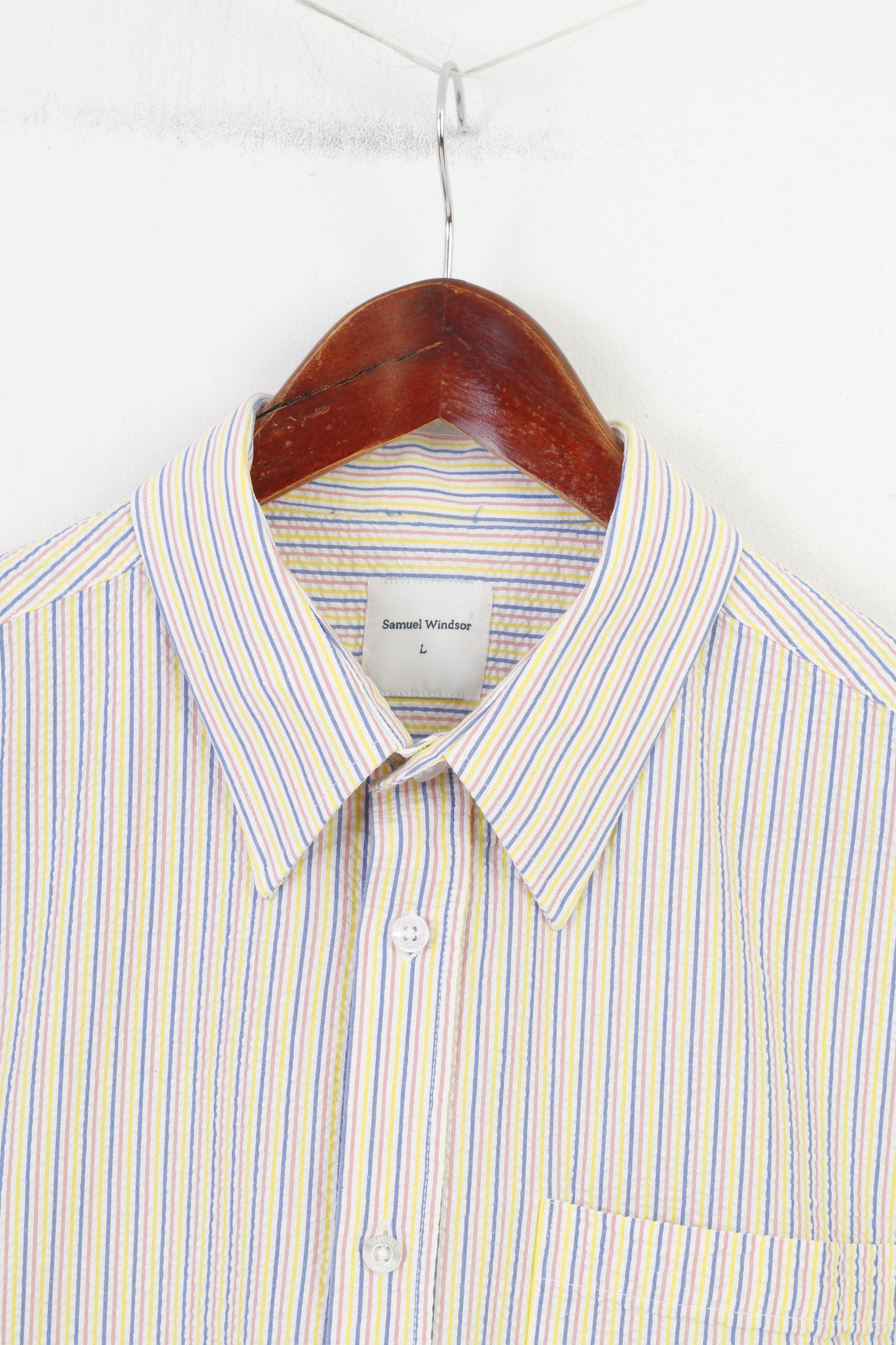 Samuel Windsor Uomo L Camicia casual a righe Colletto a maniche corte Top classico in cotone bianco