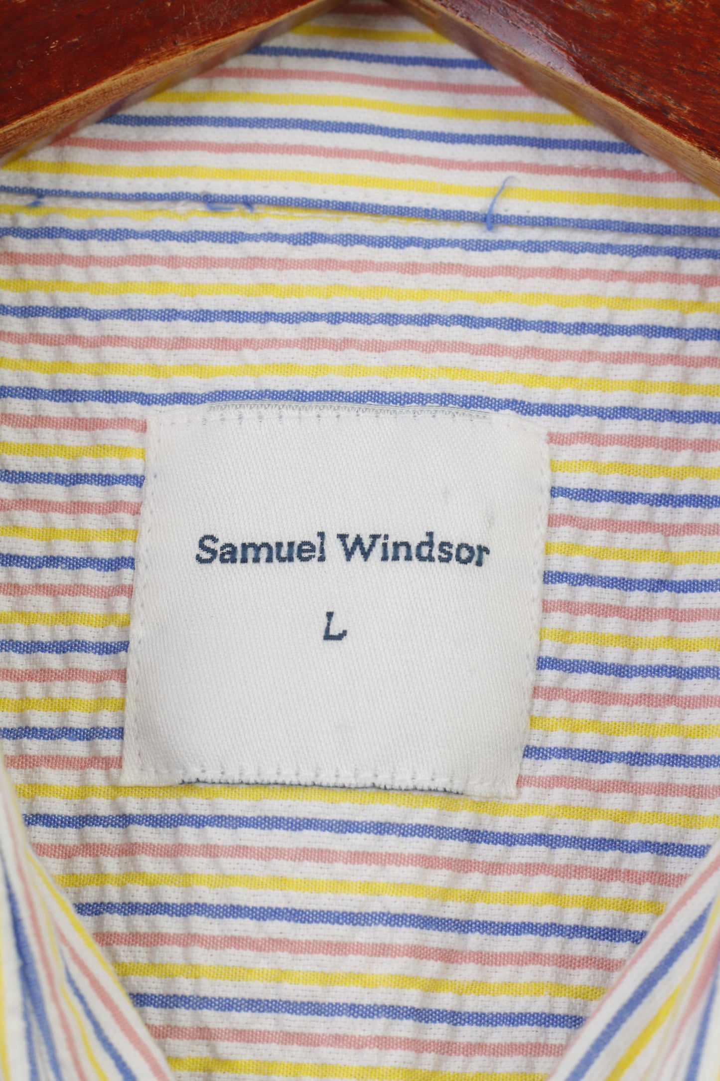 Samuel Windsor Uomo L Camicia casual a righe Colletto a maniche corte Top classico in cotone bianco