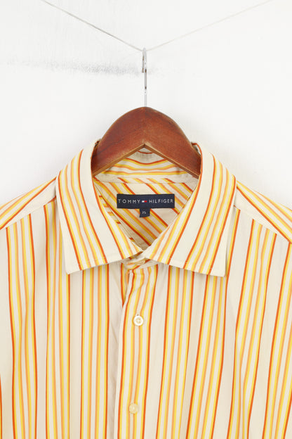 Tommy Hilfiger Uomo XL Camicia casual a maniche lunghe a righe con colletto arancione Top classico in cotone