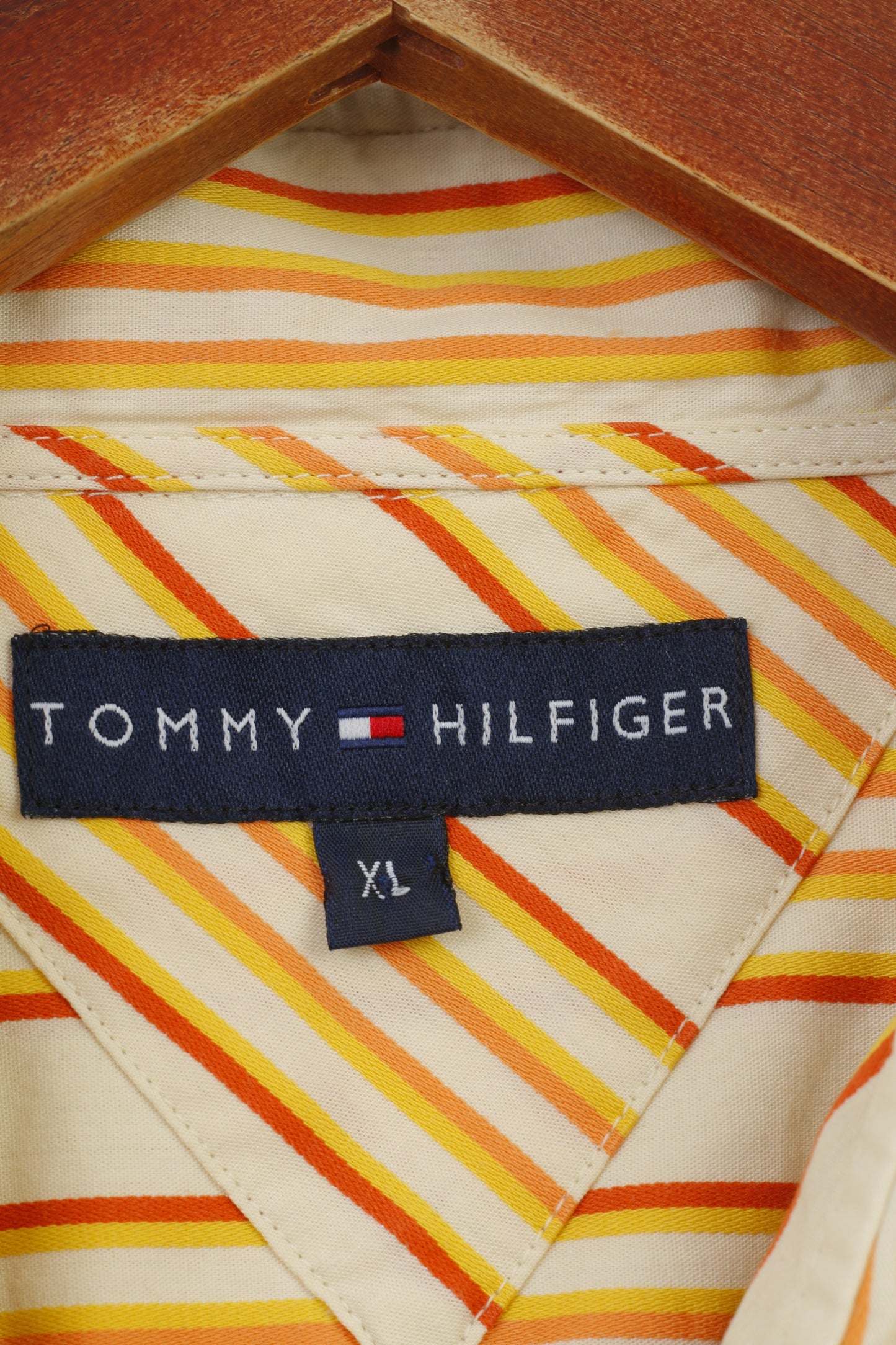 Tommy Hilfiger Uomo XL Camicia casual a maniche lunghe a righe con colletto arancione Top classico in cotone