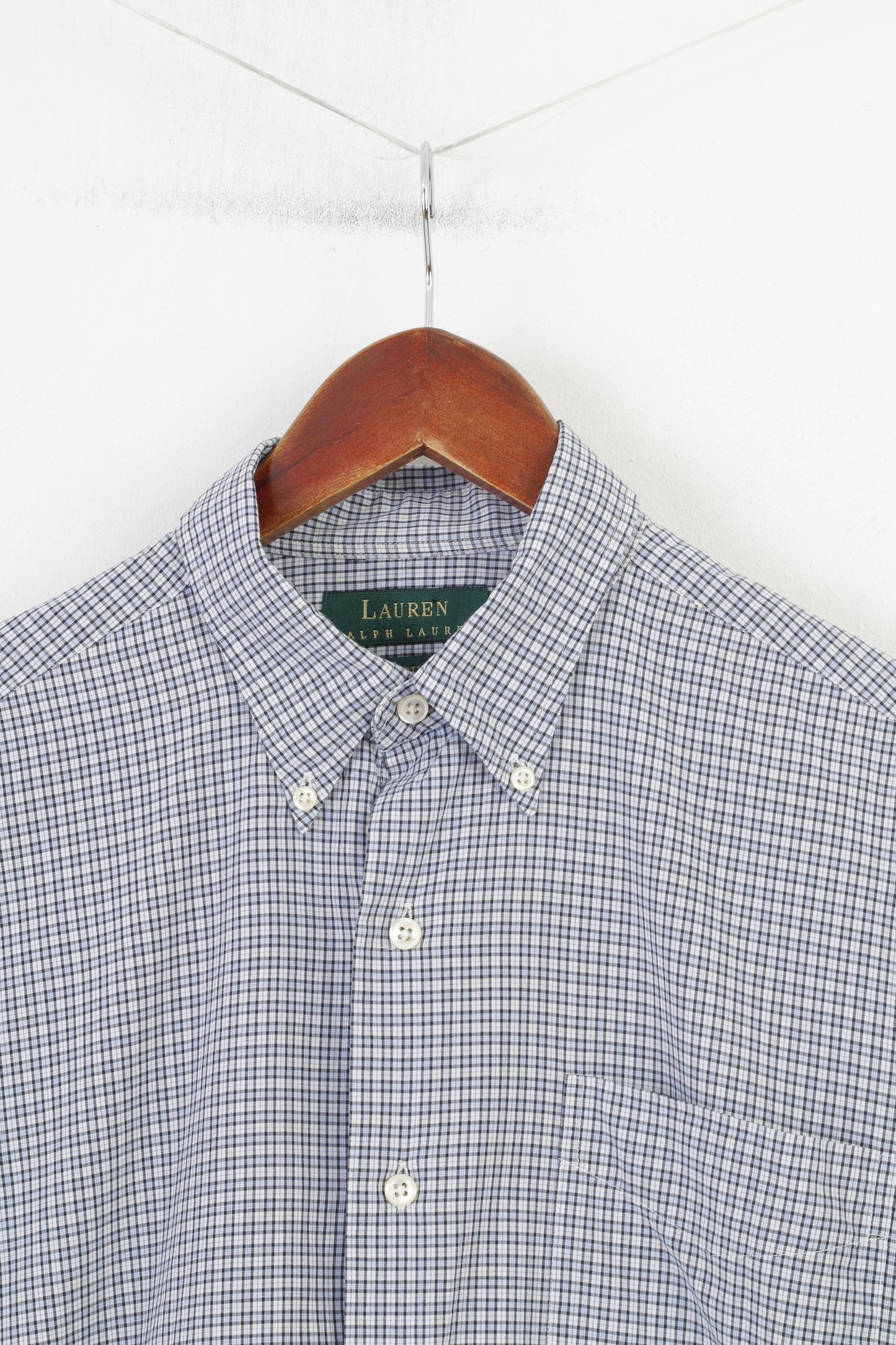 Ralph Lauren Men 34/35 15.5 Casual Shirt Long Sleeve Checkered Cotton Blue Classic Top