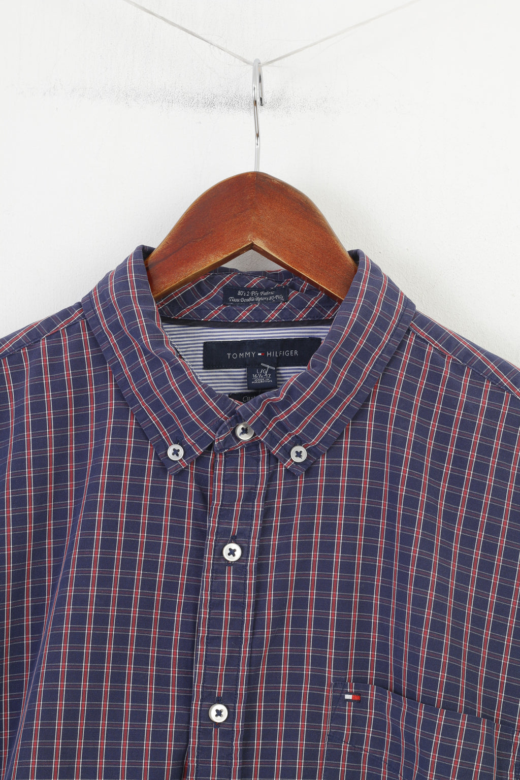 Tommy Hilfiger Men L 16.5 Casual Shirt Checkered Navy Long Sleeve Fit Cotton Classic Top