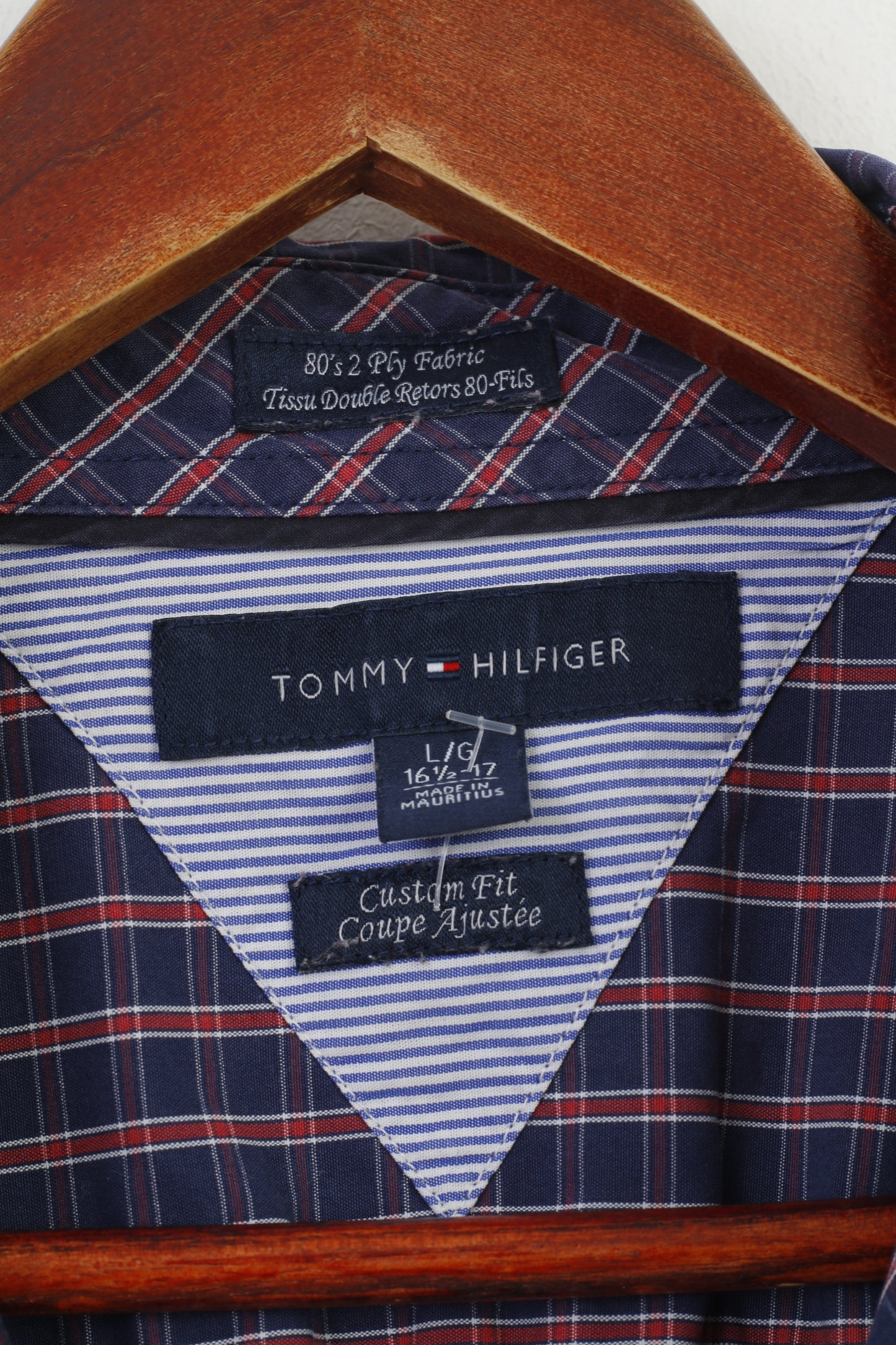 Tommy Hilfiger Men L 16.5 Casual Shirt Checkered Navy Long Sleeve Fit Cotton Classic Top