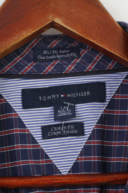 Tommy Hilfiger Men L 16.5 Casual Shirt Checkered Navy Long Sleeve Fit Cotton Classic Top