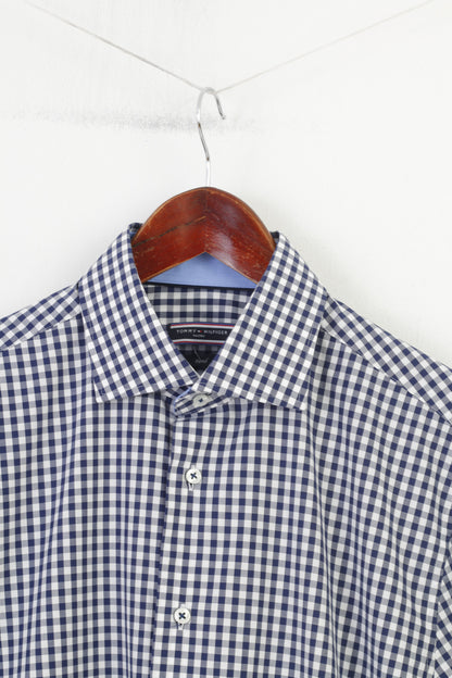 Tommy Hilfiger Uomo 39 15.5 Camicia casual Top classico a maniche lunghe in cotone blu scuro a quadri