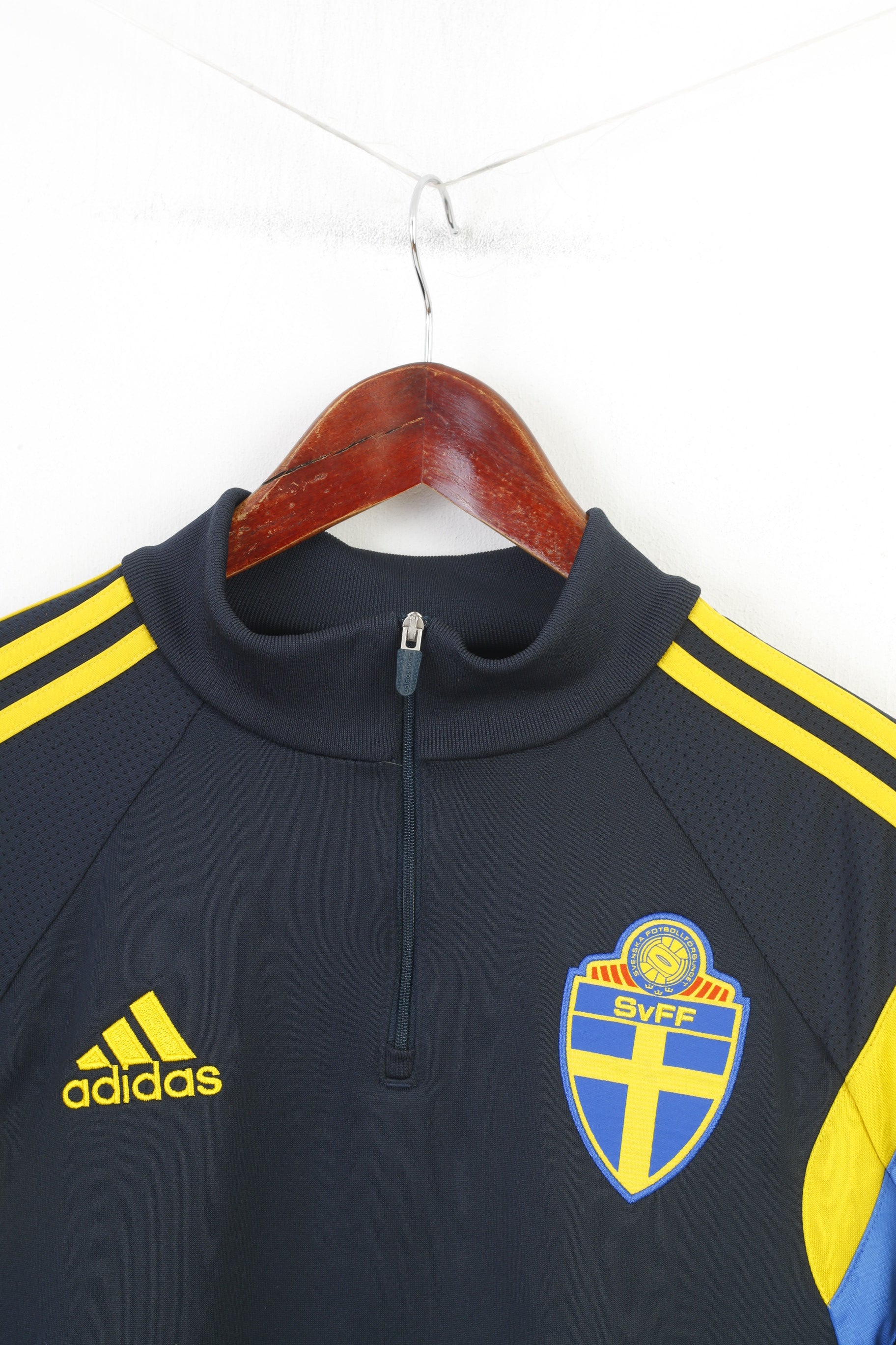 Adidas Men M Sweatshirt Sport Zip Neck Climacool Navy Fotboll SvFF Training 3 Stripes Vintage Top