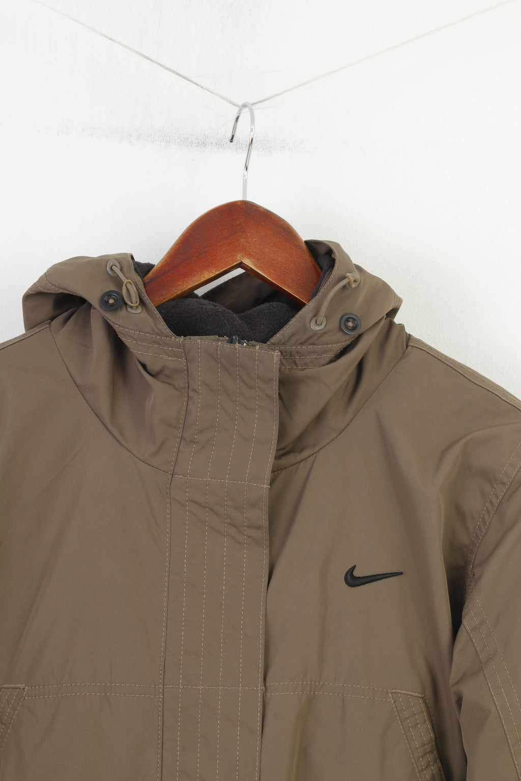 Nike Woman L Jacket Khaki Ful Zipper Hood Padded Pockets Vintage Top