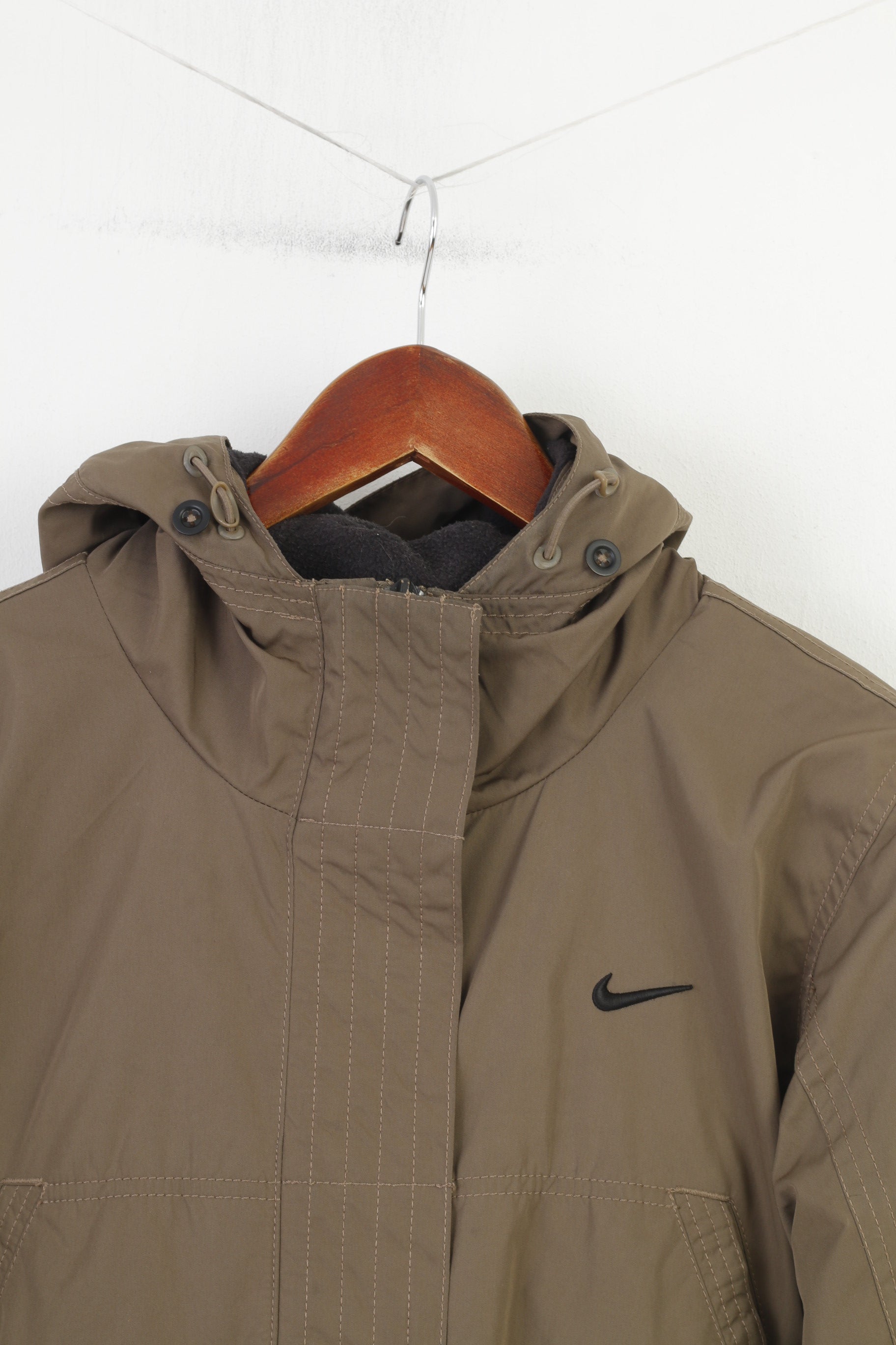 Nike Woman L Jacket Khaki Ful Zipper Hood Padded Pockets Vintage Top