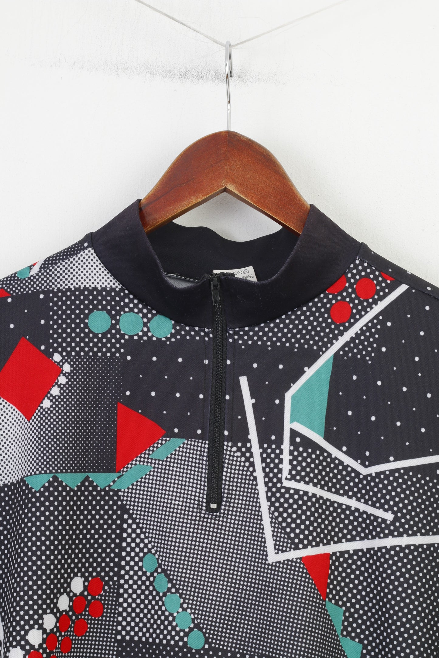 Vintage Men L  Cycling Shirt Black Geometric Print Zip Neck Back Pockets Short Sleeve Vintage Bike Sport Top