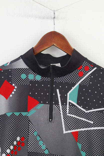 Vintage Men L  Cycling Shirt Black Geometric Print Zip Neck Back Pockets Short Sleeve Vintage Bike Sport Top