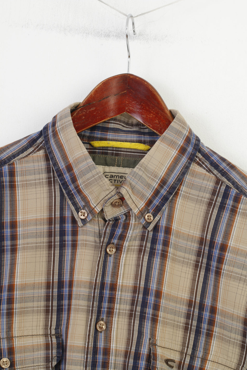 Camel Active Men L Casual Shirt Checkered Long Sleeve Brown Collar Cotton Top