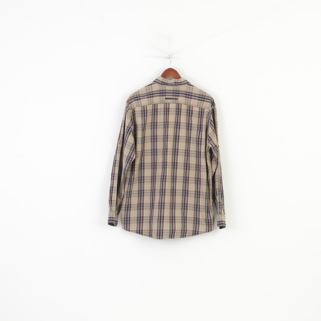 Camel Active Men L Casual Shirt Checkered Long Sleeve Brown Collar Cotton Top