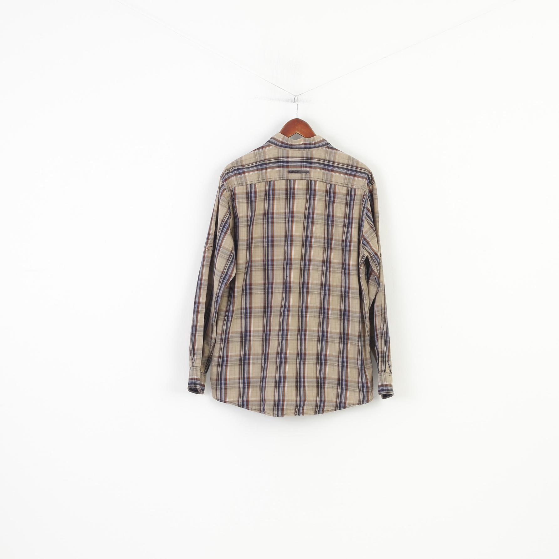 Camel Active Men L Casual Shirt Checkered Long Sleeve Brown Collar Cotton Top