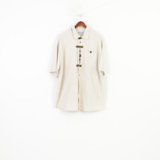 Landhaus Mode Men XXL Casual Shirt Cream Collar Short Sleeve Embroidery Cotton Vintage  Country Top
