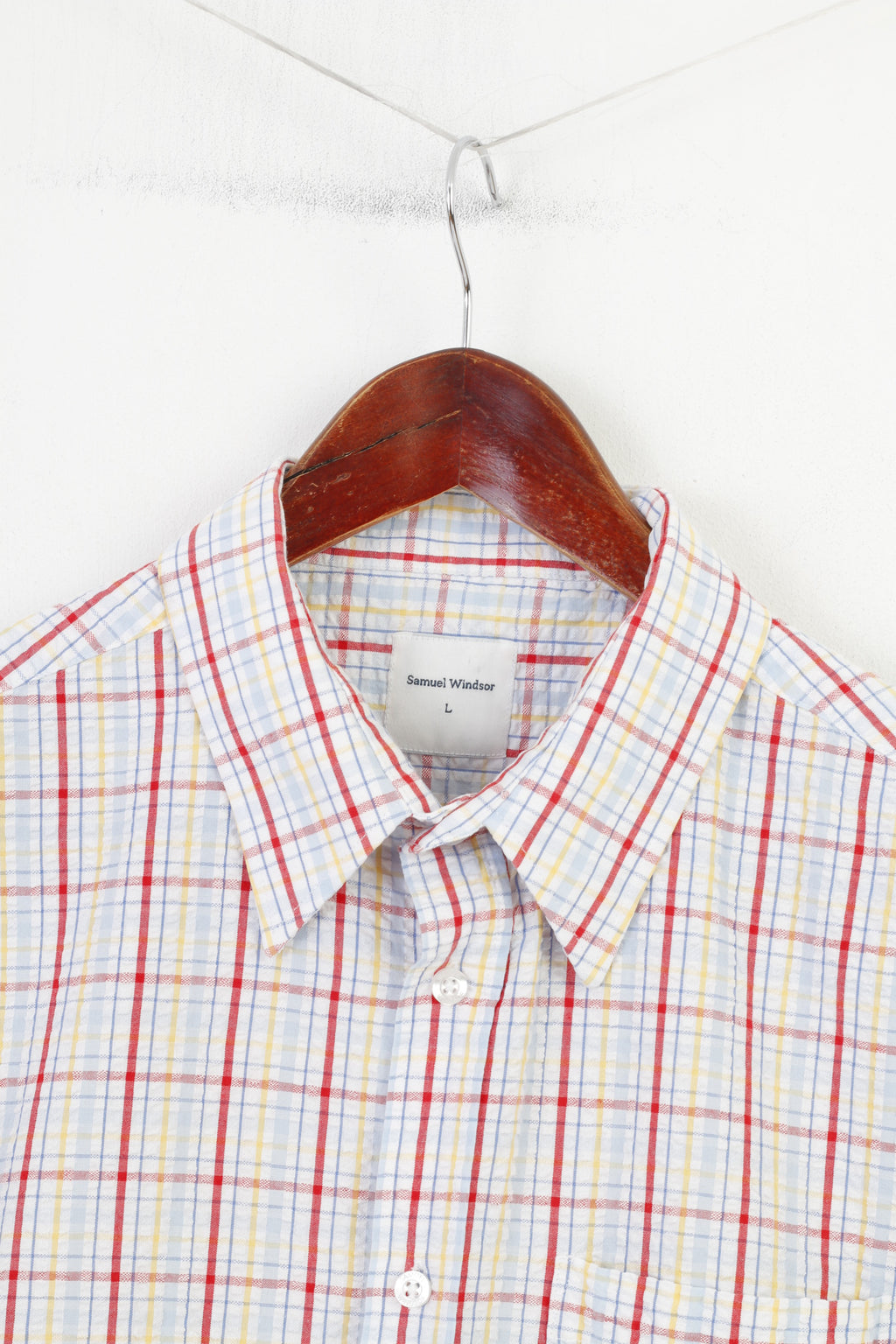 Samuel Windsor Men L Casual Shirt Checkered Short Sleeve Collar White Classic Cotton Top