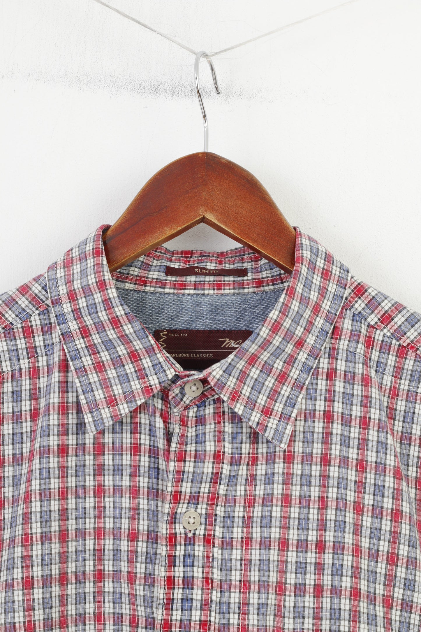 Marlboro Classics Men XL Casual Shirt Burgundy Cotton Checkered Slim Fit Cotton Vintage Top