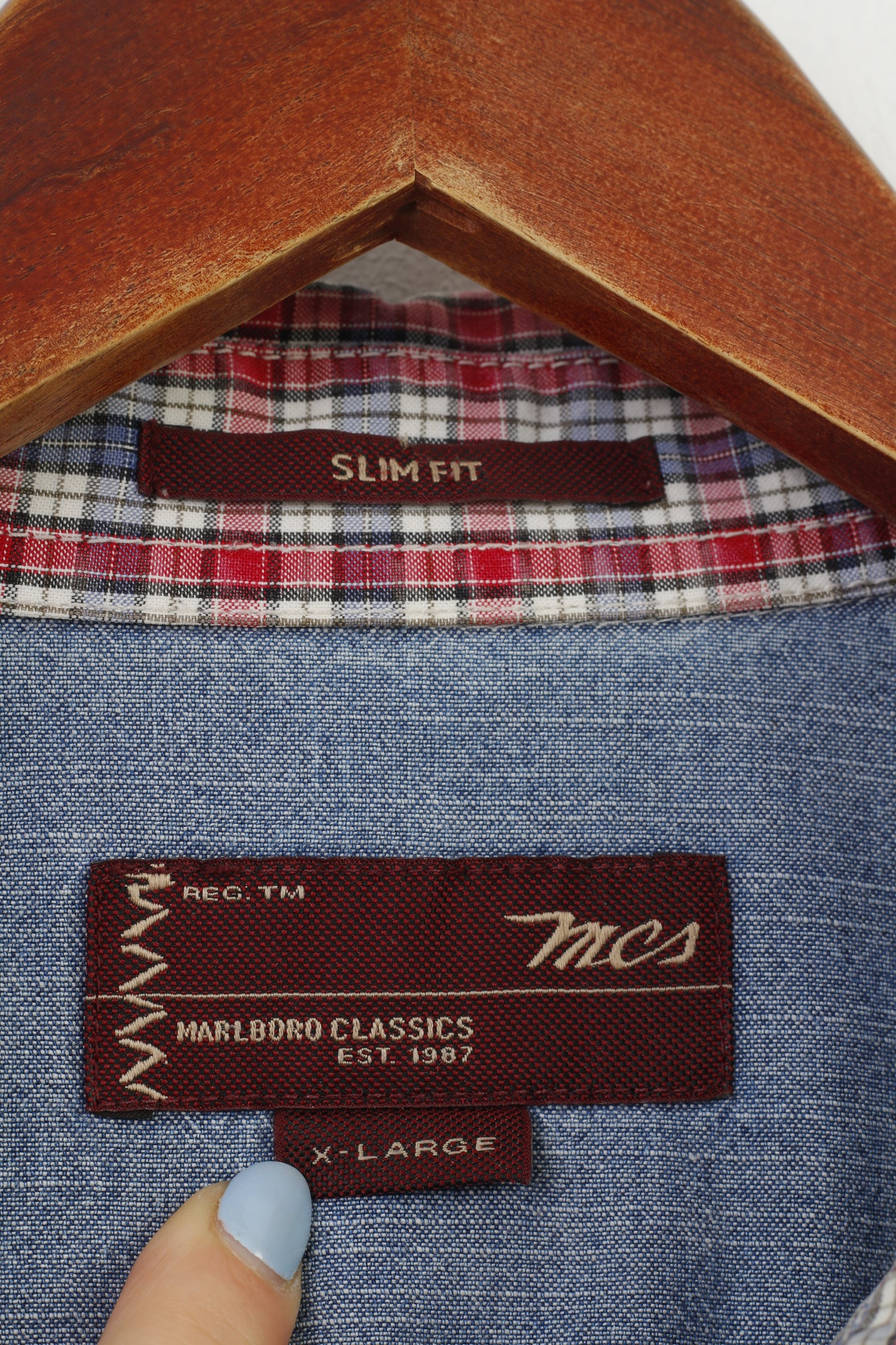 Camicia casual Marlboro Classics da uomo XL Top vintage in cotone slim fit a quadretti in cotone bordeaux