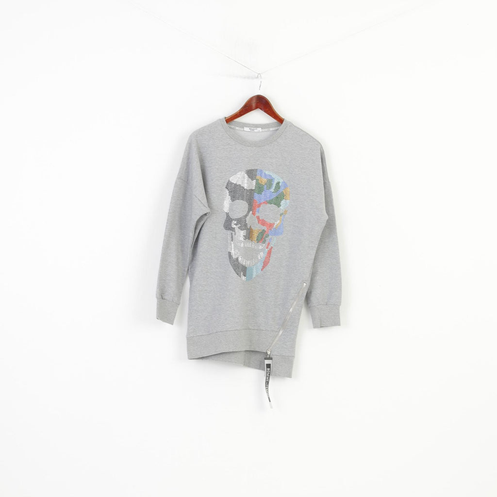 Bright Girl Woman L Longsleeve Grey Sequins Skull Graphic Zipper Cotton Top