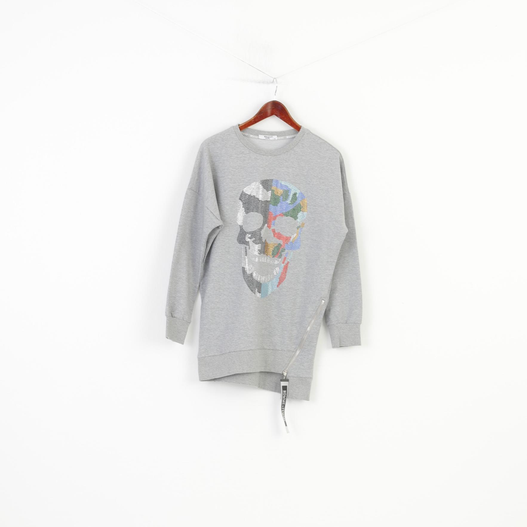 Bright Girl Woman L Longsleeve Grey Sequins Skull Graphic Zipper Cotton Top