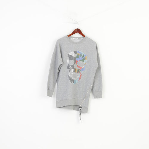 Bright Girl Woman L Longsleeve Grey Sequins Skull Graphic Zipper Cotton Top
