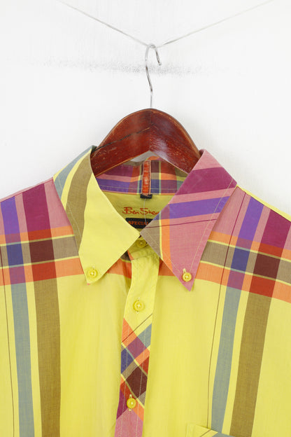 Ben Sherman Men XXL Casual Shirt Yellow Checkered Special Brew Long Sleeve Cotton Top