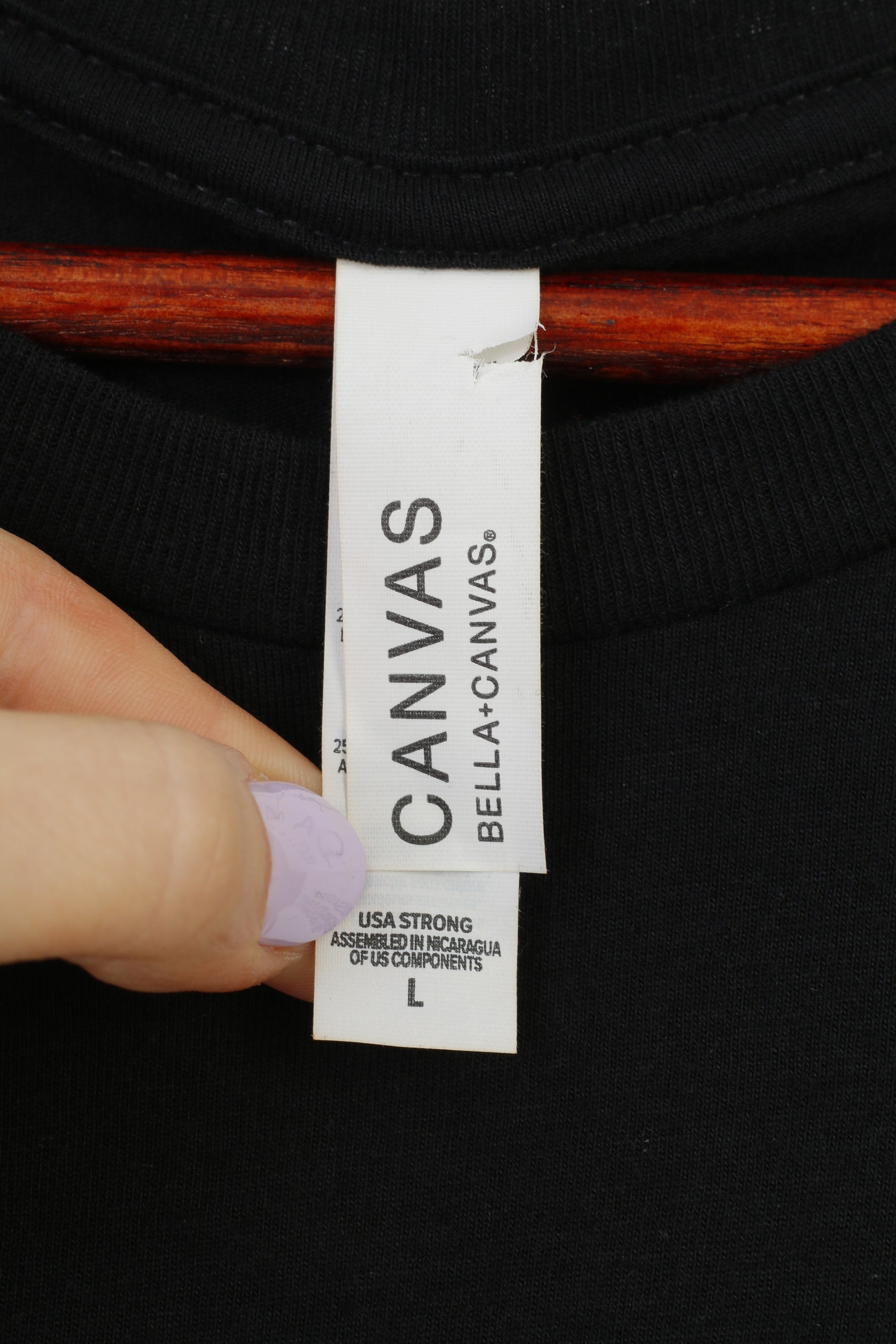 Canvas Men L T-Shirt Black Cotton Blend Crew Neck Graphics Vintage Sport Top
