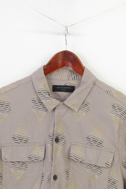 Camicia casual da uomo Allsaints Top a maniche lunghe con tasche in cotone astratto marrone