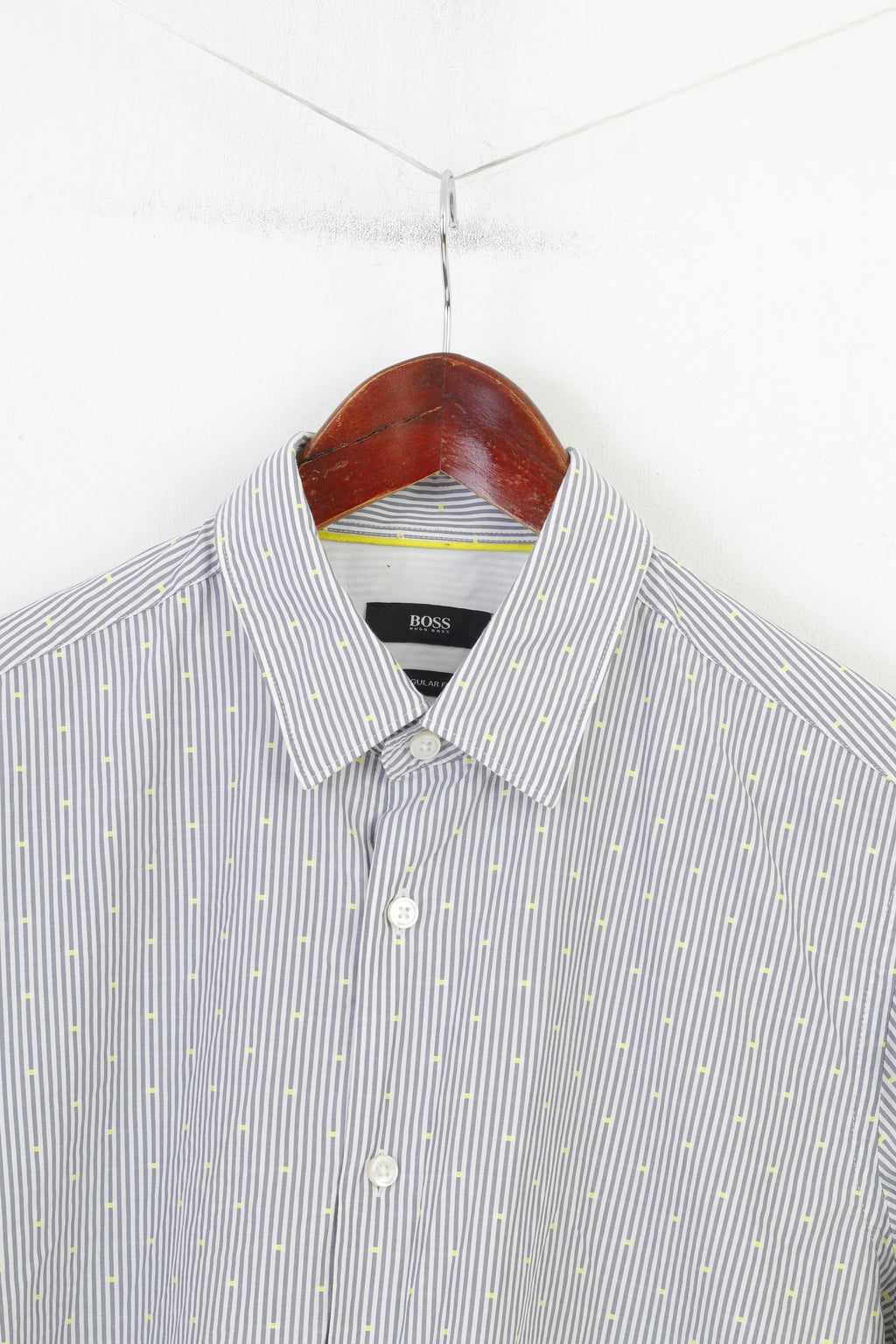 Hugo Boss Men M Casual Shirt Gray Striped White Dots Regular Fit Classic Cotton Top