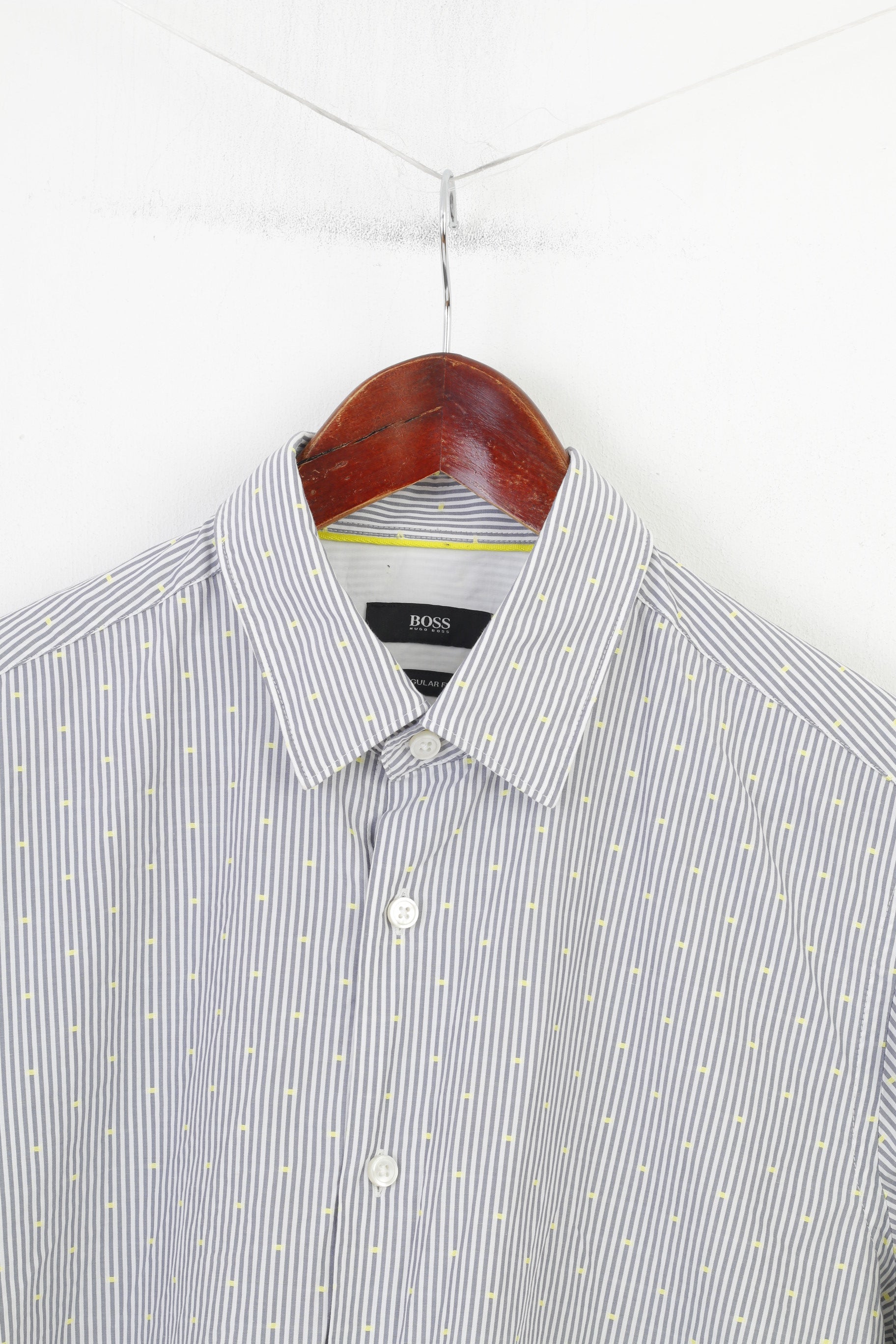 Hugo Boss Men M Casual Shirt Gray Striped White Dots Regular Fit Classic Cotton Top