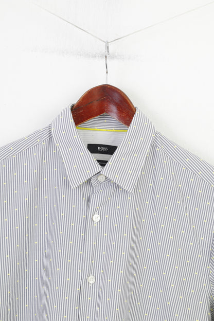 Hugo Boss Men M Casual Shirt Gray Striped White Dots Regular Fit Classic Cotton Top