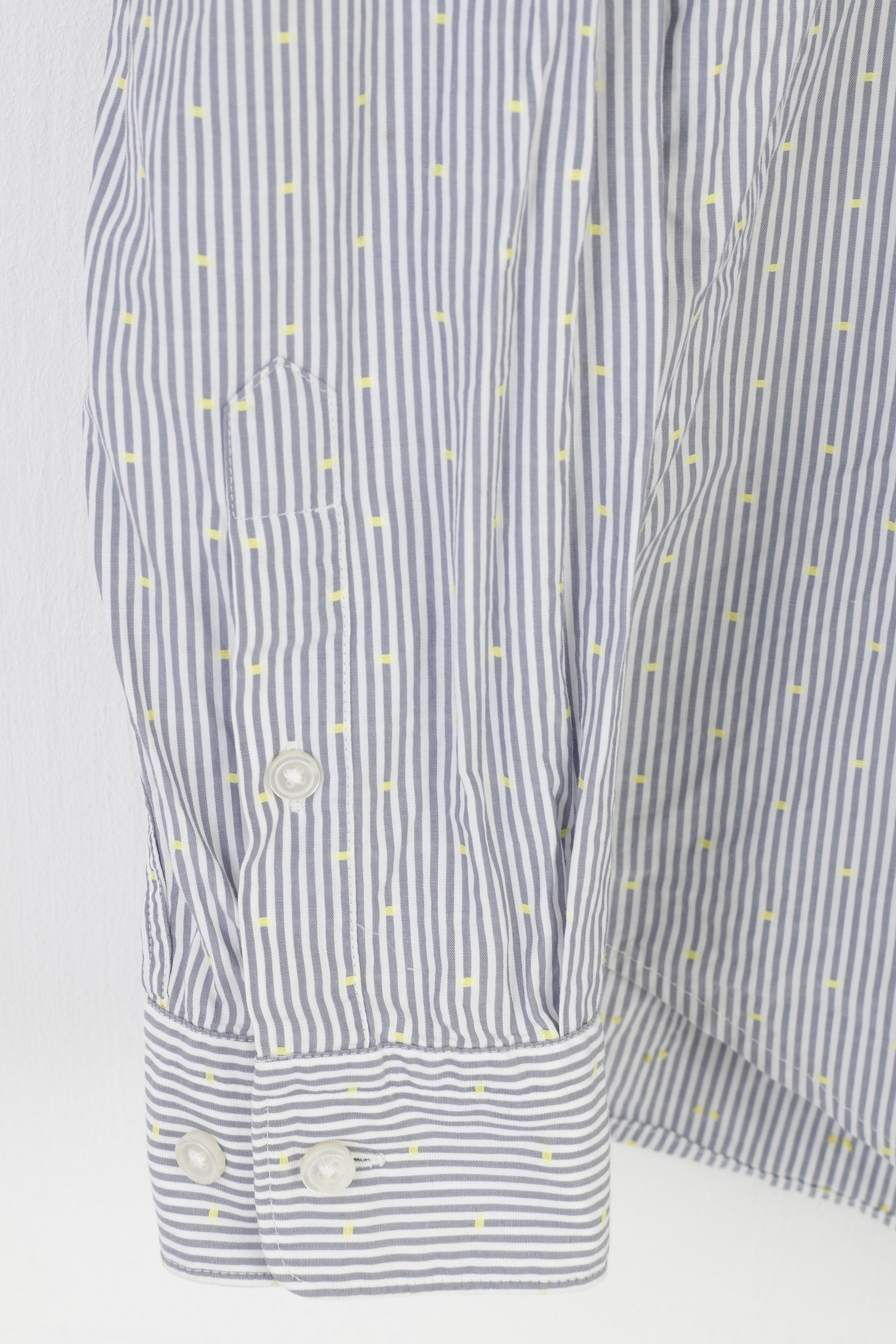 Hugo Boss Men M Casual Shirt Gray Striped White Dots Regular Fit Classic Cotton Top