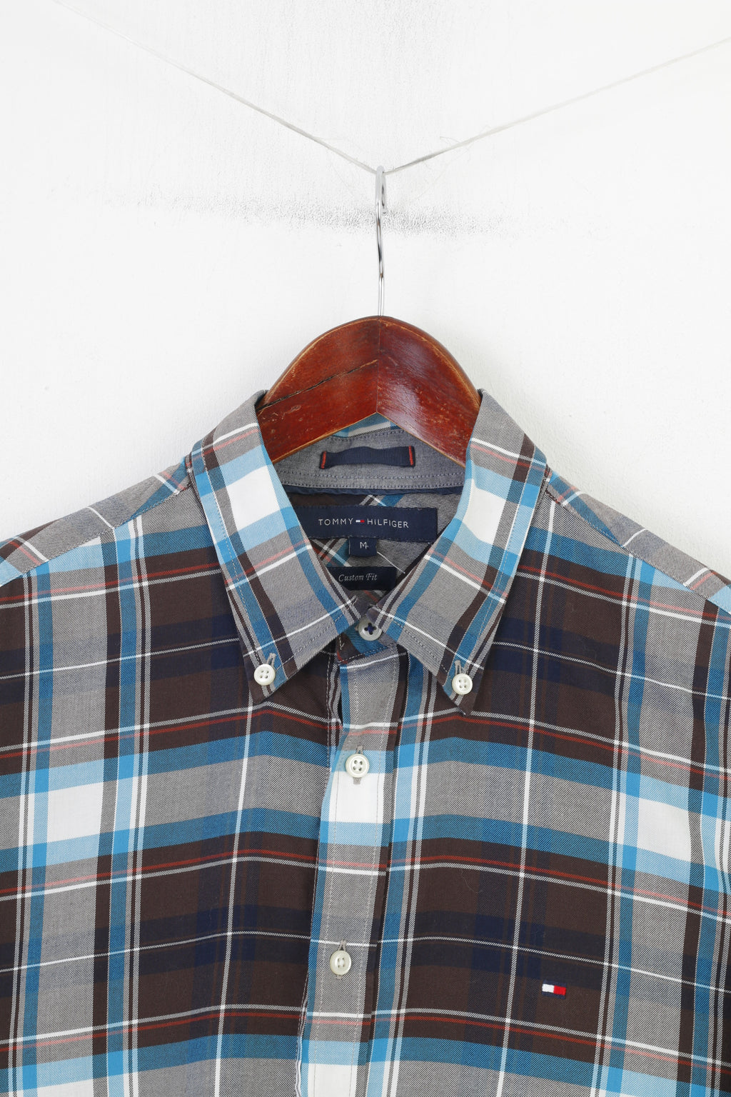 Tommy Hilfiger Men M Casual Shirt Navy Checkered Custom Fit Long Sleeve Cotton Top