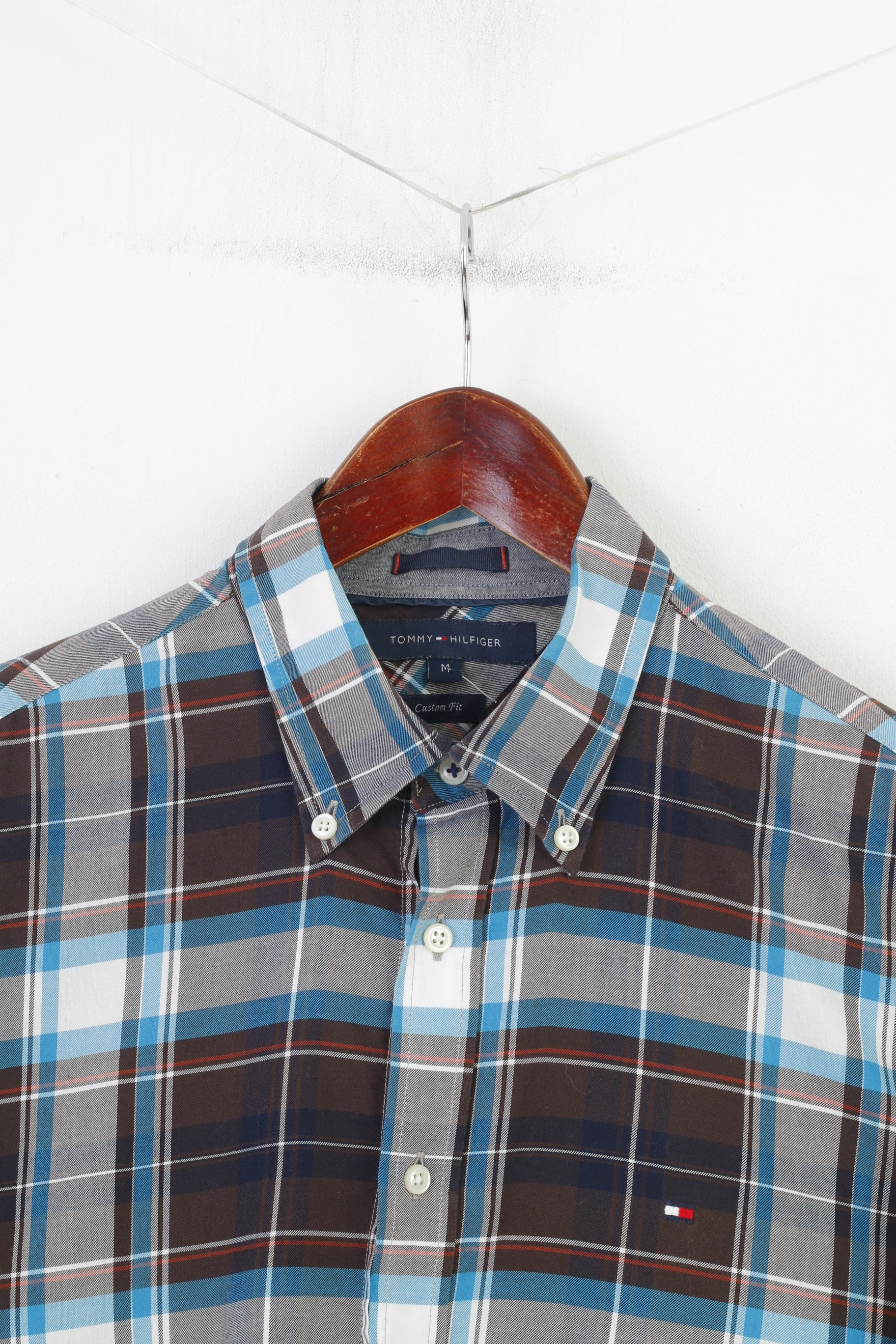 Tommy Hilfiger Men M Casual Shirt Navy Checkered Custom Fit Long Sleeve Cotton Top