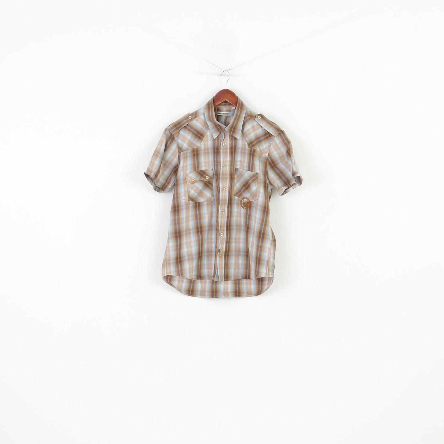 Duck and Cover Men L Casual Shirt Checkered Brown Short Sleeve Cotton Collar Classic Top