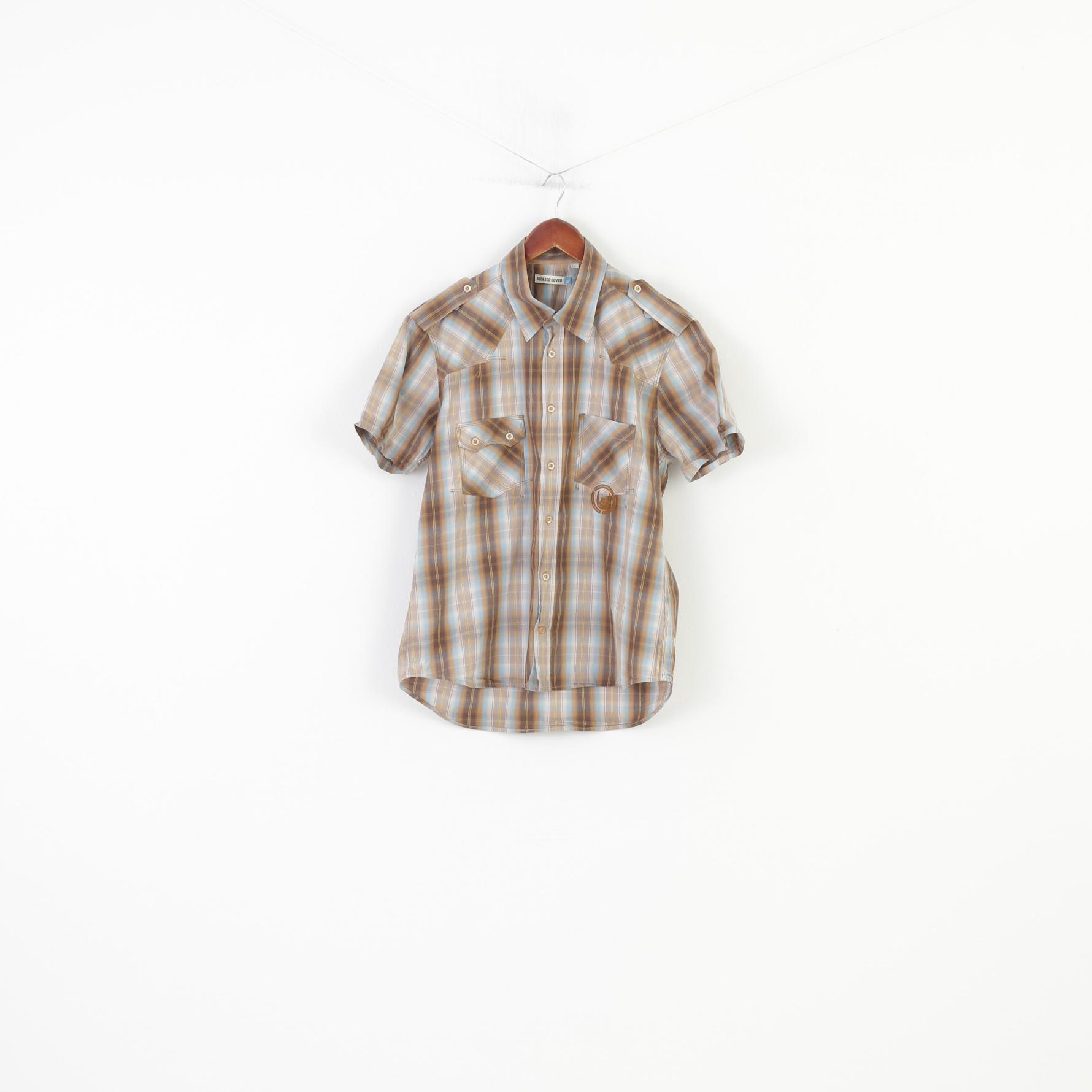 Duck and Cover Men L Casual Shirt Checkered Brown Short Sleeve Cotton Collar Classic Top