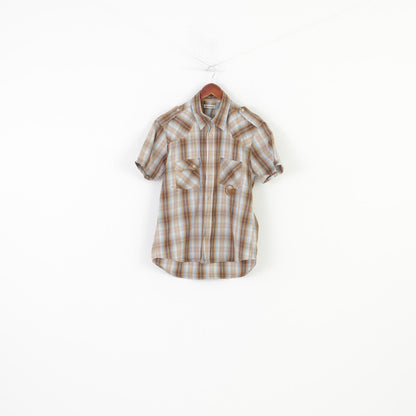 Duck and Cover Men L Casual Shirt Checkered Brown Short Sleeve Cotton Collar Classic Top