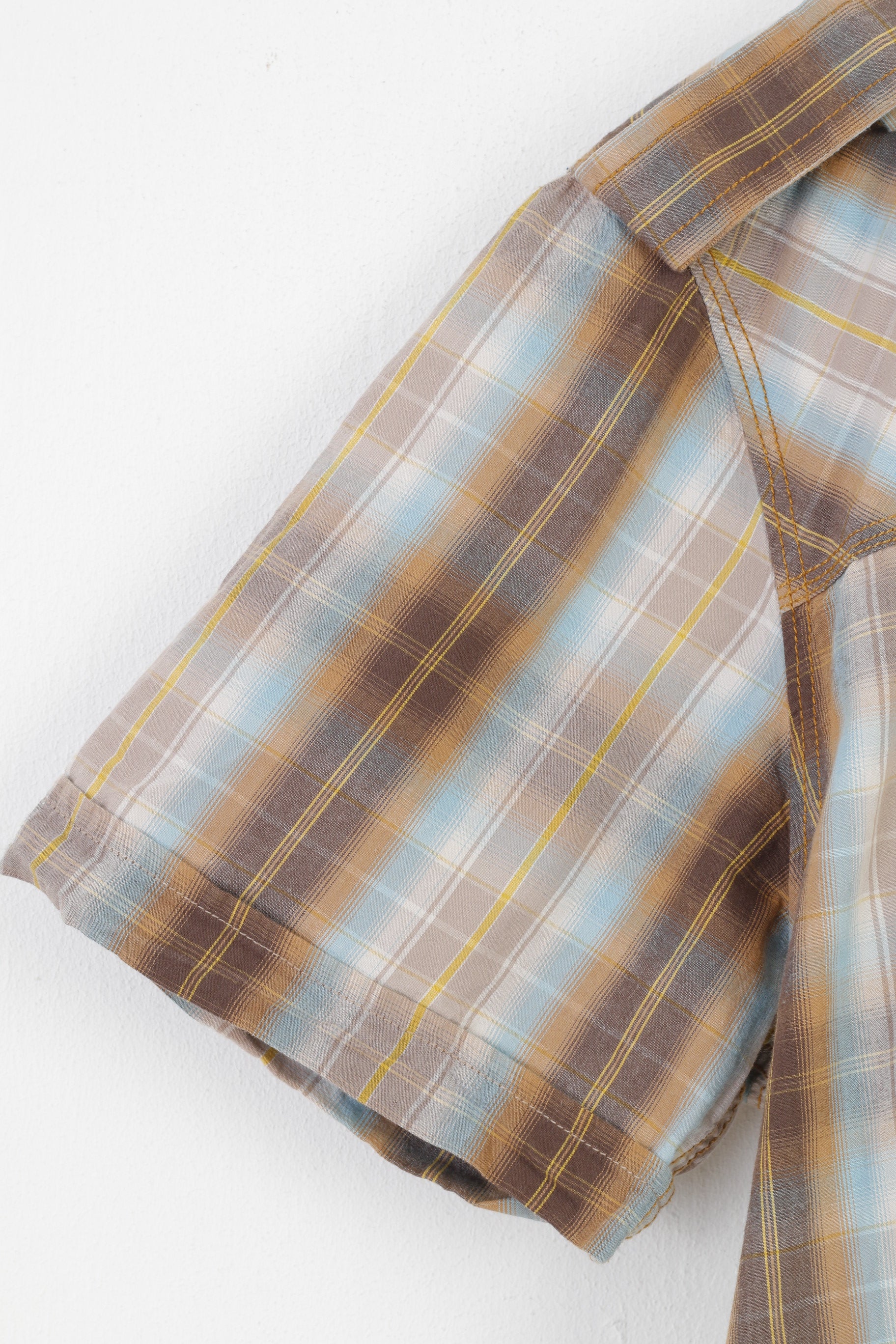 Duck and Cover Men L Casual Shirt Checkered Brown Short Sleeve Cotton Collar Classic Top
