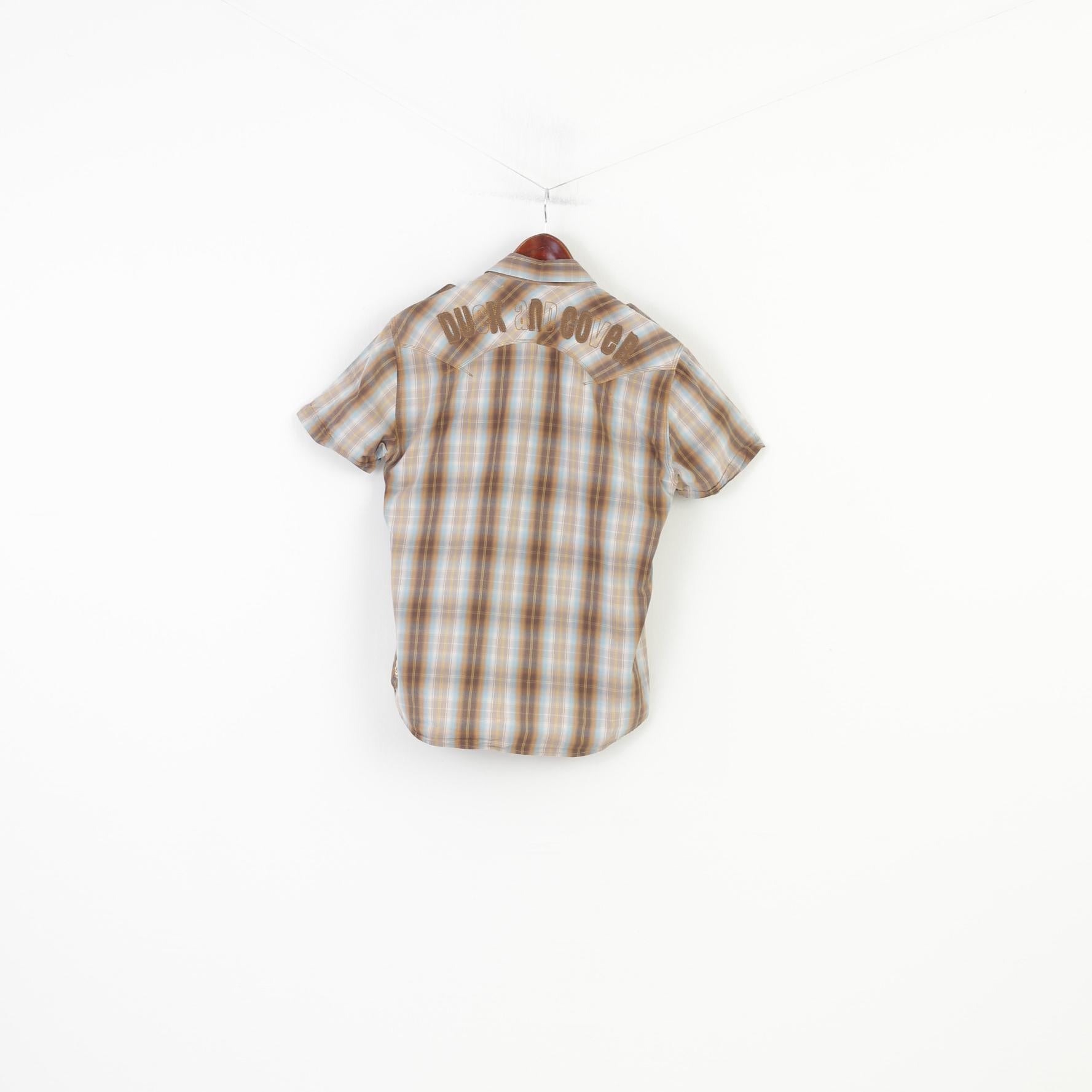 Duck and Cover Men L Casual Shirt Checkered Brown Short Sleeve Cotton Collar Classic Top